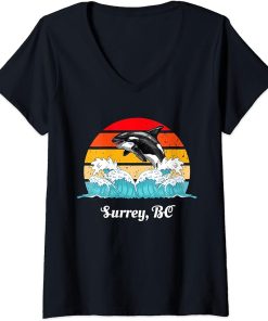 Womens Vintage Surrey BC Distressed Orca Killer Whale Art V-Neck T-Shirt