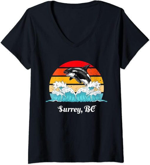 Womens Vintage Surrey BC Distressed Orca Killer Whale Art V-Neck T-Shirt