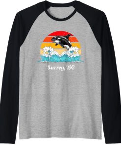 Vintage Surrey BC Distressed Orca Killer Whale Art Raglan Baseball Tee