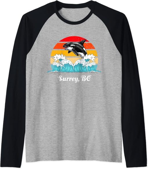 Vintage Surrey BC Distressed Orca Killer Whale Art Raglan Baseball Tee