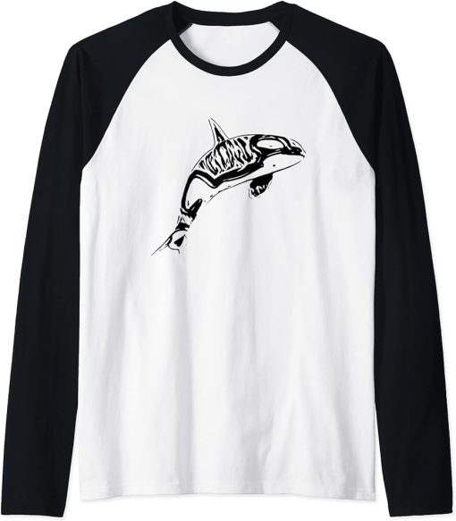 Orca Motif Whale Ocean Predator Design Animals Orcas Raglan Baseball Tee