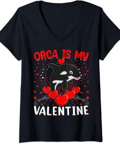 Womens Orca Is My Valentine Heart Shape Orca Fish Valentine V-Neck T-Shirt