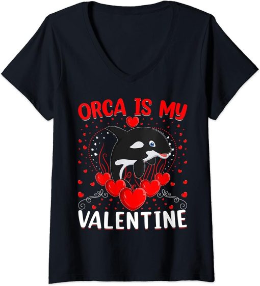 Womens Orca Is My Valentine Heart Shape Orca Fish Valentine V-Neck T-Shirt